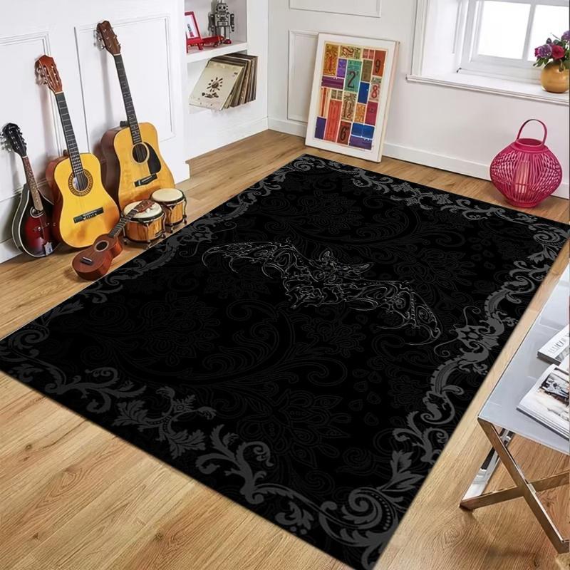 Purple Black Gothic Carpet Mat Rug with White Bat Skull Pattern Spooky Non-slip Home Decoration Living Room Bedroom Indoor Rug