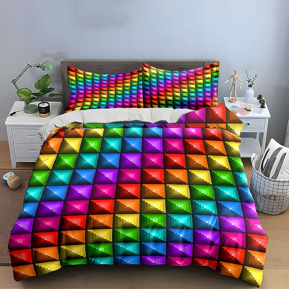 Pixel Art Rainbow Squares Pattern Bedding Duvet Cover Set (1*Duvet Cover 2*Pillowcases, Without Duvet Insert)