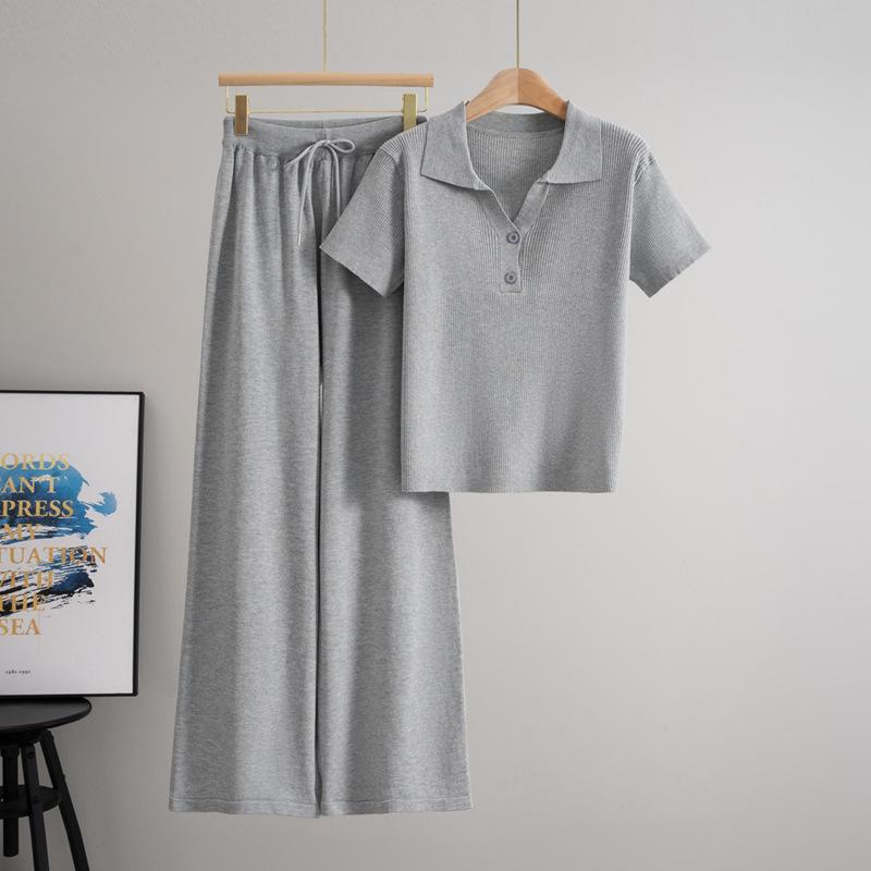 Modny sweter z kołnierzykiem polo, dodający temperamentu, dwuczęściowy zestaw dla kobiet, lato 2025, zestaw szerokich spodni
