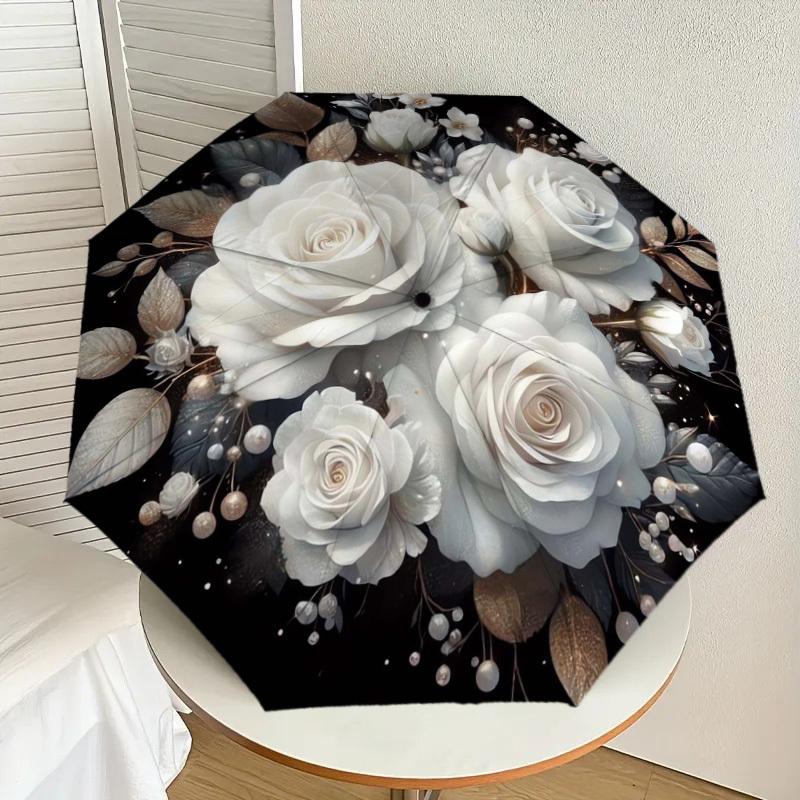 

1pc White Roses on Black Background Umbrella with Plastic Handle,Suitable for All Seasons Home Travel Outdoor UmbrellaDD1651