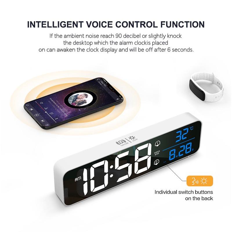 Charging Version Large Screen LED Digital Music Wall Clock Weekday Sleeping Table Clock 2 Alarm Clock Temperature Voice Control Model