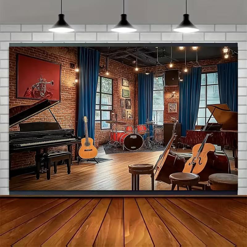 2D Vintage Music Studio Backdrop Brick Wall Photography Background for Live Streaming