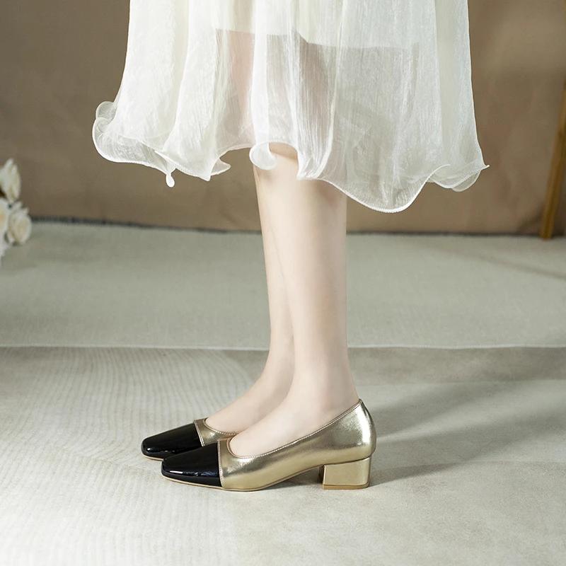 LeShion  Real Women Pumps Silvery Mix-color Chunky High Heel Slipon Shallow Shoes Woman Square Toe Golden Pump