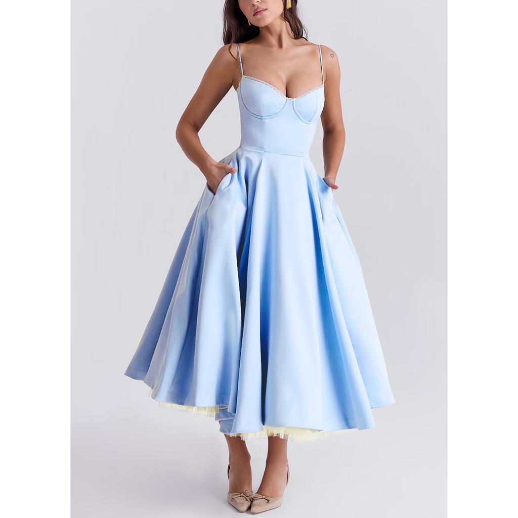 Damen V-Ausschnitt Spaghettiträger Midi-Kleid Figurbetont Hoher Bund Satin Schwingend Cocktailparty-Kleid