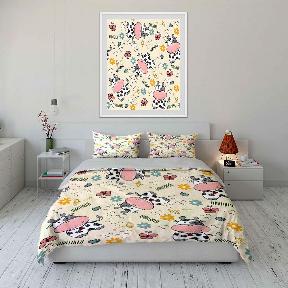 Cute Cartoon Cows and Flowers Bedding Duvet Cover Set  (1*Duvet Cover 2*Pillowcases, without duvet insert)