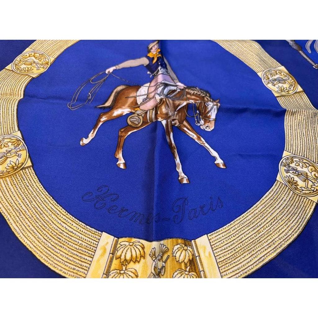 Used HERMES Scarf Kare90 Horse Tack Pattern Blue