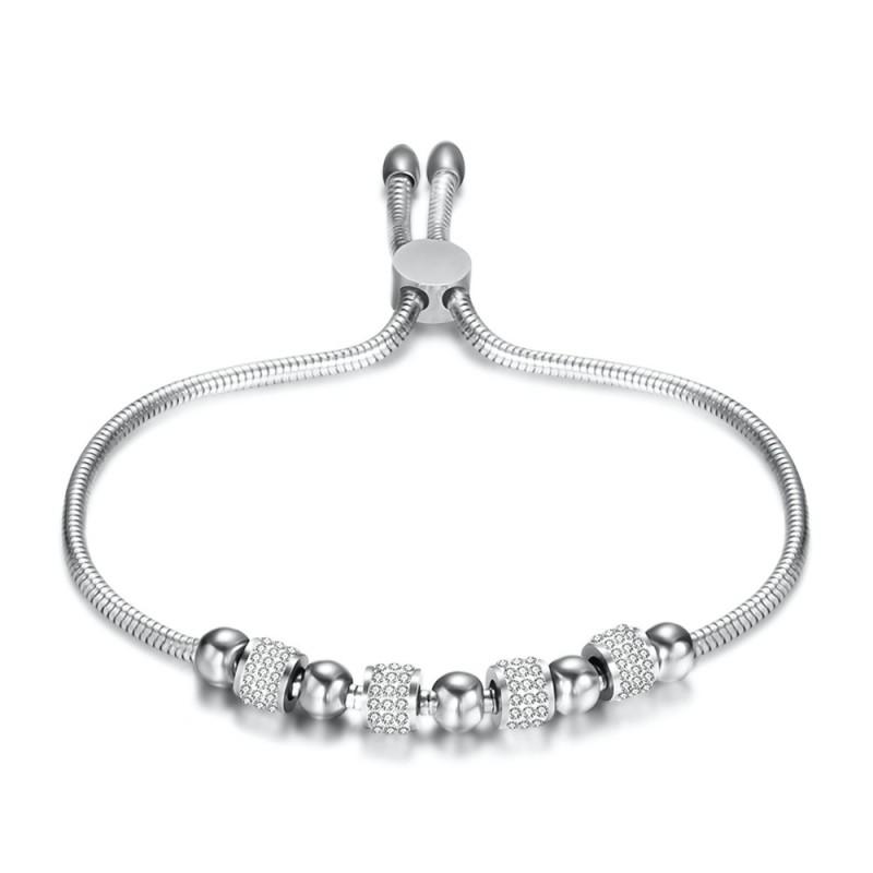 Adjustable 6mm Full Rhinestone Round Bead Stainless Steel Bracelet Women Fashion Geometric Jewelry Steel