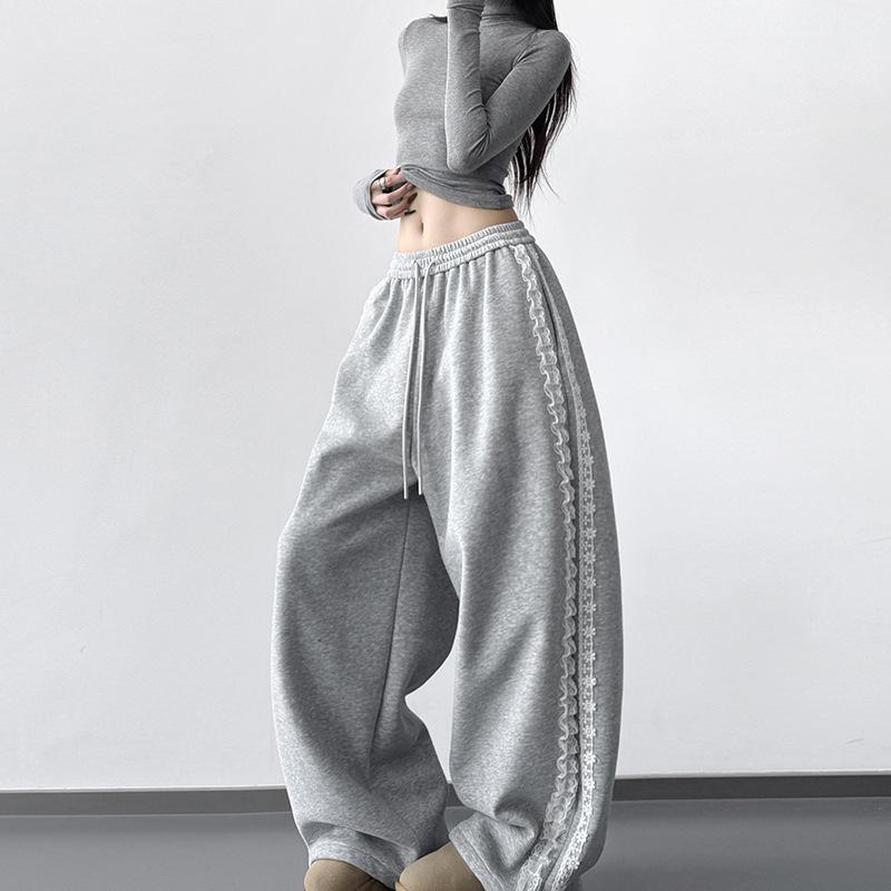

Women s 2025 Winter Casual Lace Straight-Leg Sweatpants, Wide Leg, Plus Velvet Style Medium серый