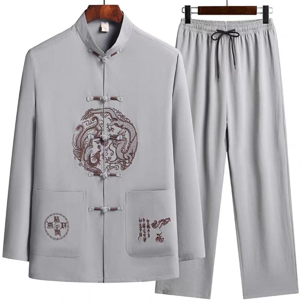 Frühling Sommer Herren Druck Chinesischer Stil Langarm Hemden Hose Sportbekleidung Herren Freizeit Sets Hemden + Hosen