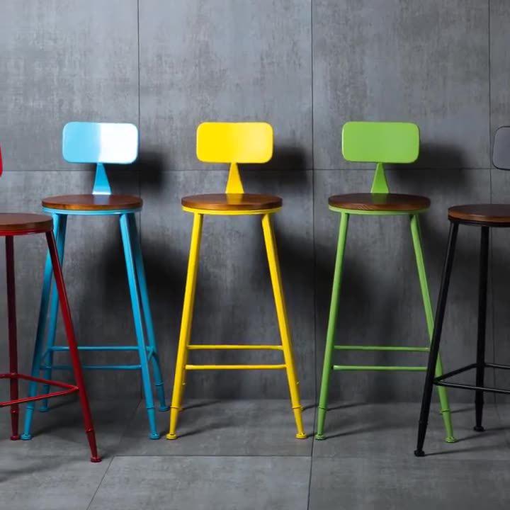 Retro American Solid Wood & Iron Bar Stool with Backrest