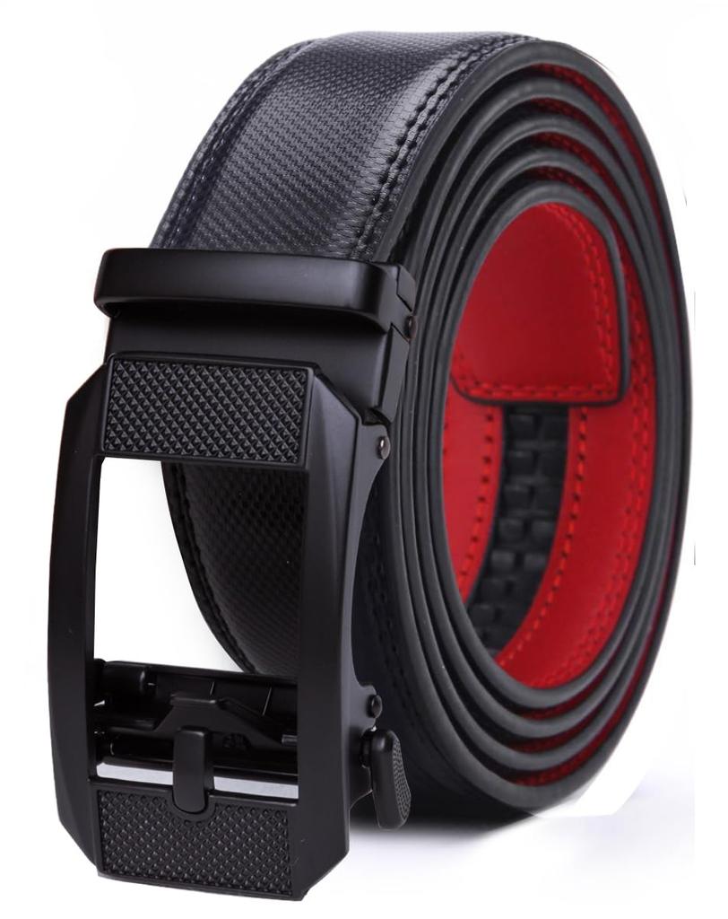 XsFireCow Stylish Black Leather with Black No for Business or Casual 130cm Men's Auto-Lock Belt, Buckle, Holes, Wear, (Black 19)