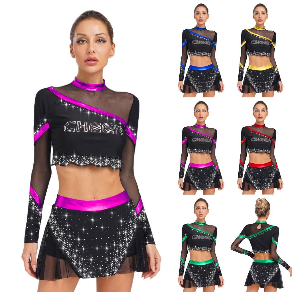 Dámská cheerleadingová kostýmová sada Crop top s dlouhým rukávem Sukně Kamínky Taneční oblečení Vystoupení