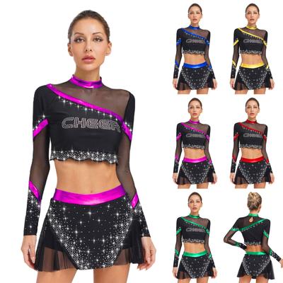 Women Cheerleading Set Long Sleeve Rhinestone Crop Top Dance Skirt Uniform Performance Costume Outfit