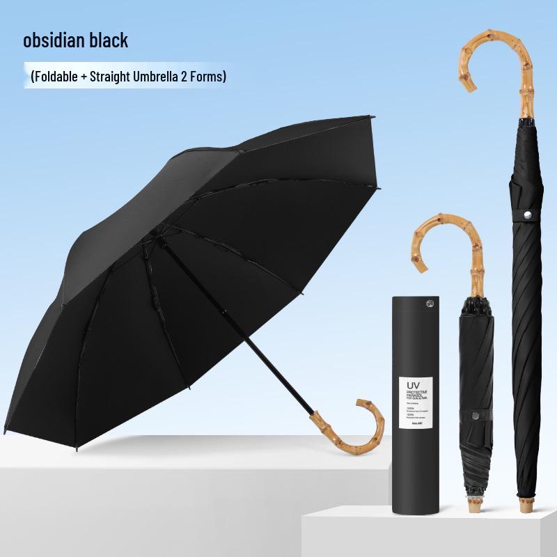 Bamboo Handle Two-Fold Umbrella - Lightweight Black UV Protection and Sunscreen Parasol