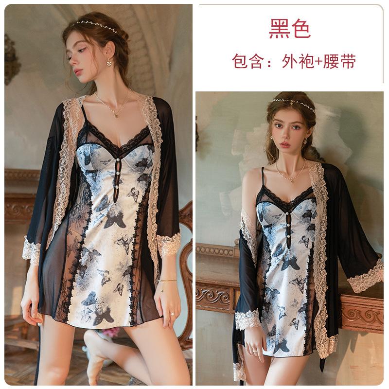 Women's Satin Sheer Mesh Butterfly Print Push Up Padded Backless Sleep Dress with Robe Lounge Set