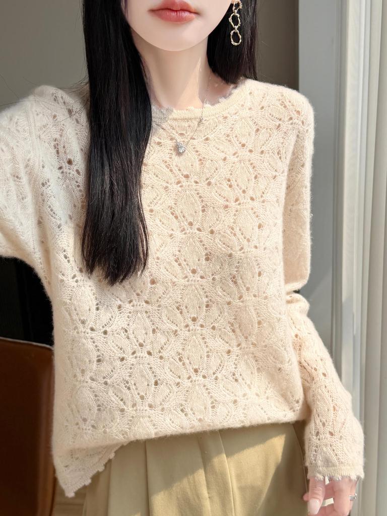 ER26 Spring Hollow Flower Knit Top - Sweet Crochet Texture Pullover for Women