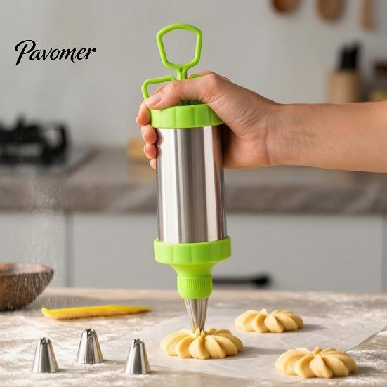 Homemade Biscuit Maker Machine Stainless Steel Cookie Press Decorating Piping Kit, Ergonomic Push Dispenser And Durable Nozzles Design, Handheld Icing