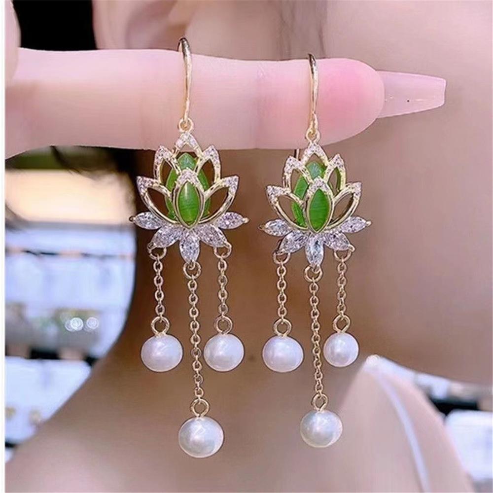 Charm Female White Pearl Green Stone Drop Dangle Earrings Cute Gold Color Party Jewelry For Women
