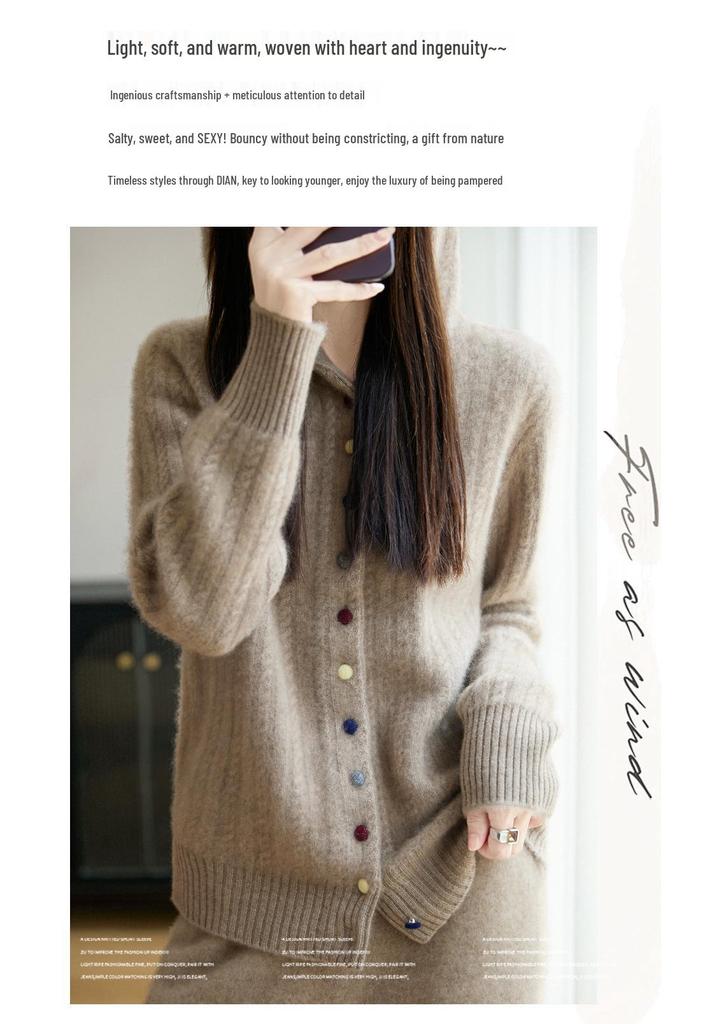 Women's Thickened Hooded Wool Cardigan: Autumn/Winter Simple Casual Cable Knit Sweater Coat