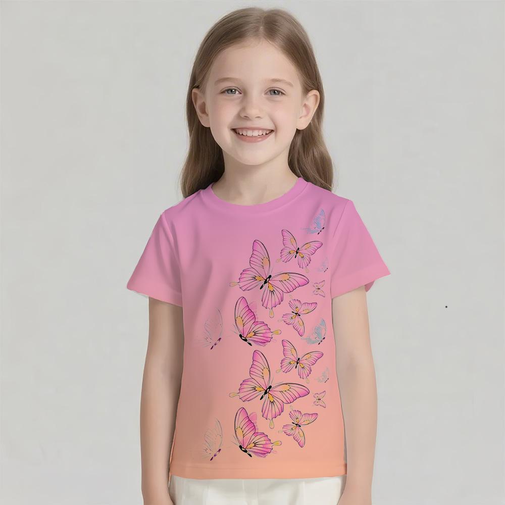 Kids T Shirt Short Sleeve Tee Gradient Butterfly Girls Clothes 5 to 6 Years Tops Tees Children's T-Shirt Round Neck Girl Blouse