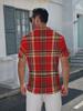 Men's Short-Sleeve Polo Shirt with Full-Body Red Plaid Print - Button-Up Lapel Collar, Minimalist Casual Summer Beachwear Suitable for Dates,