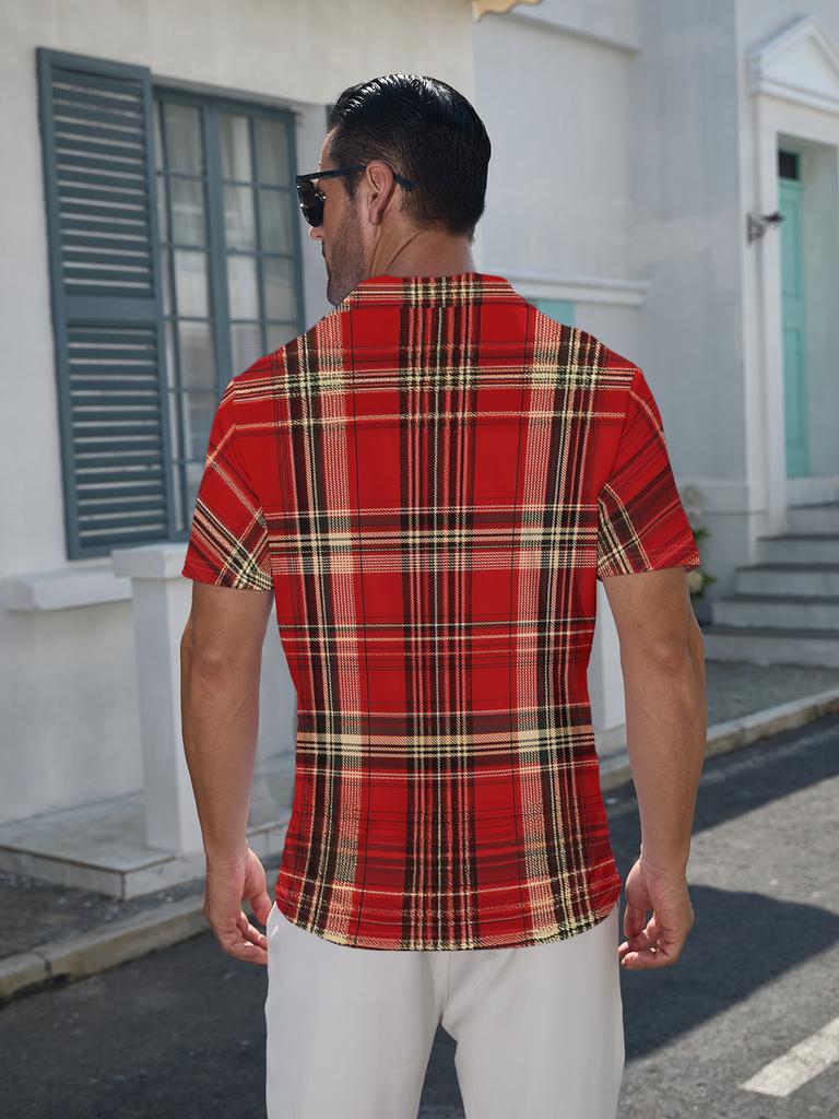 Men's Short-Sleeve Polo Shirt with Full-Body Red Plaid Print - Button-Up Lapel Collar, Minimalist Casual Summer Beachwear Suitable for Dates,