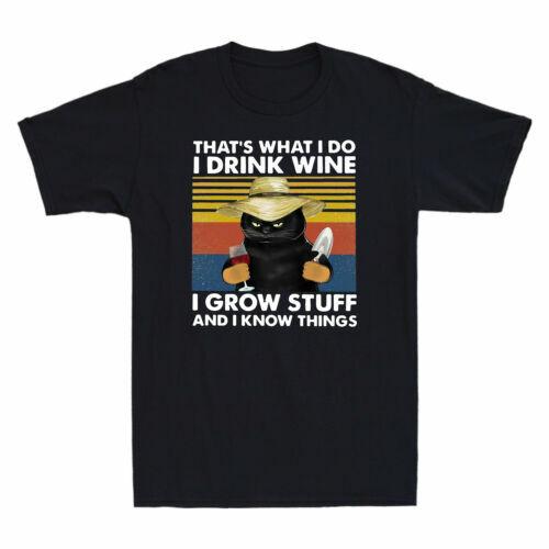 That What I Do I Drink Wine I Grow Stuff Funny Black Cat Graphic Men T-shirt S