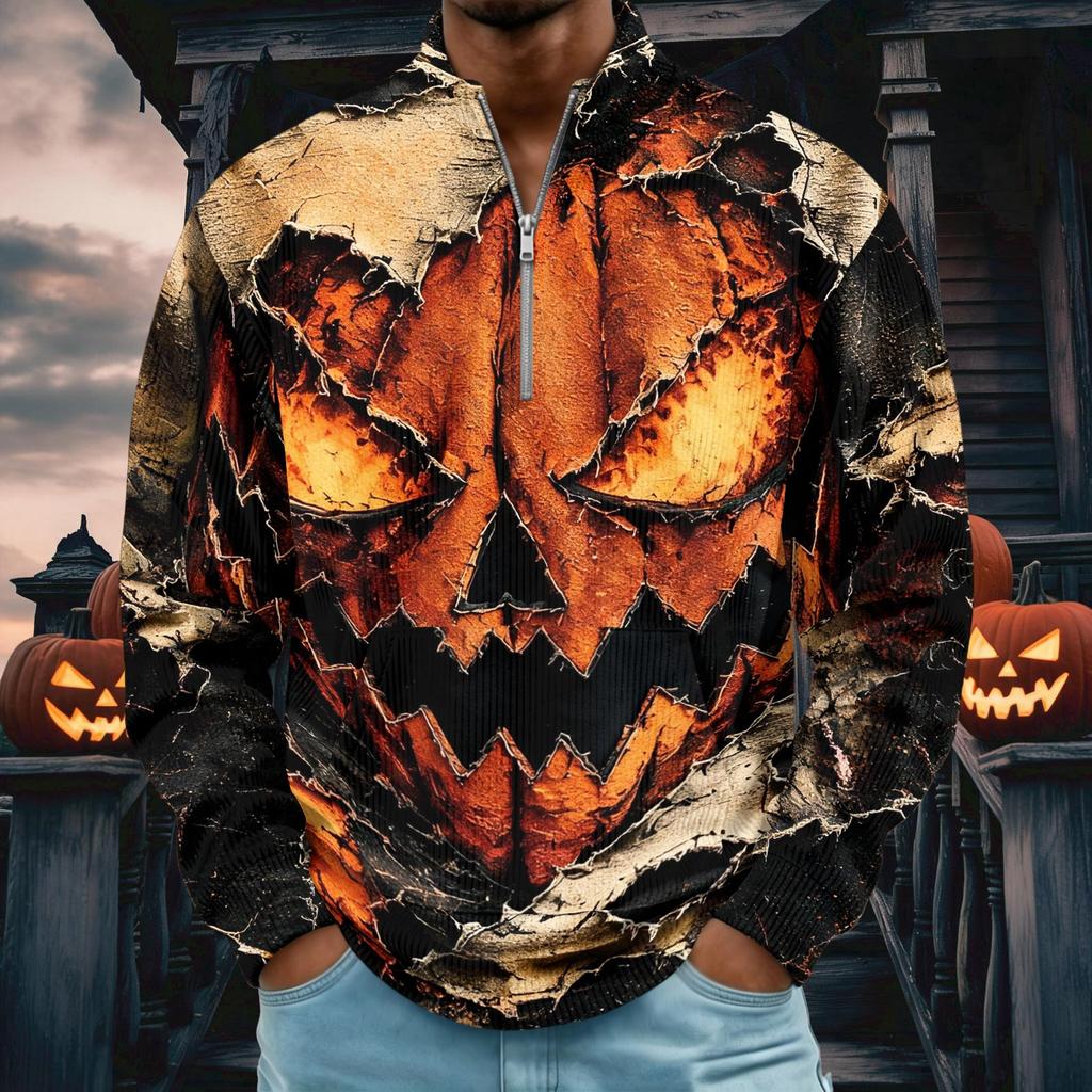 Men's Retro Corduroy Halloween Print Stand Collar Long Sleeve Casual Top with Pocket
