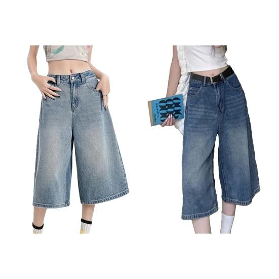 Yousheng Cropped Jeans for Women Wide Leg High Waisted Denim Pants Summer Casual Short Baggy Jeans with Pockets