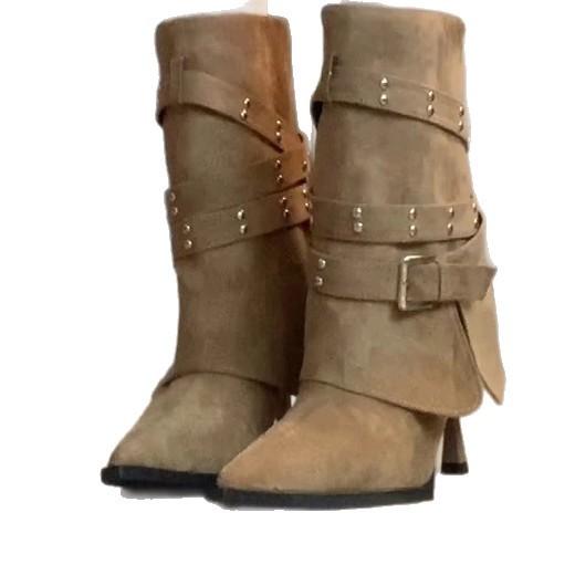 Thick-heeled retro mid-tube pointed boots 2025 new solid-color trouser tube boots mid-heel pleated western cowboy stacking boots