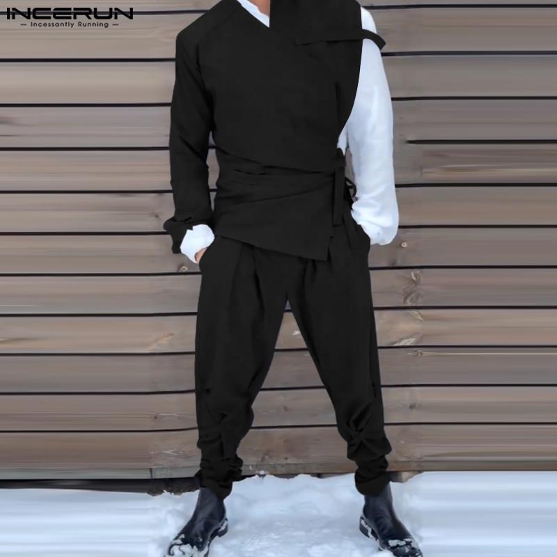 INCERUN Two Pieces Outfits Men One Shoulder Shirt Long Bandage Harem Pants Sets