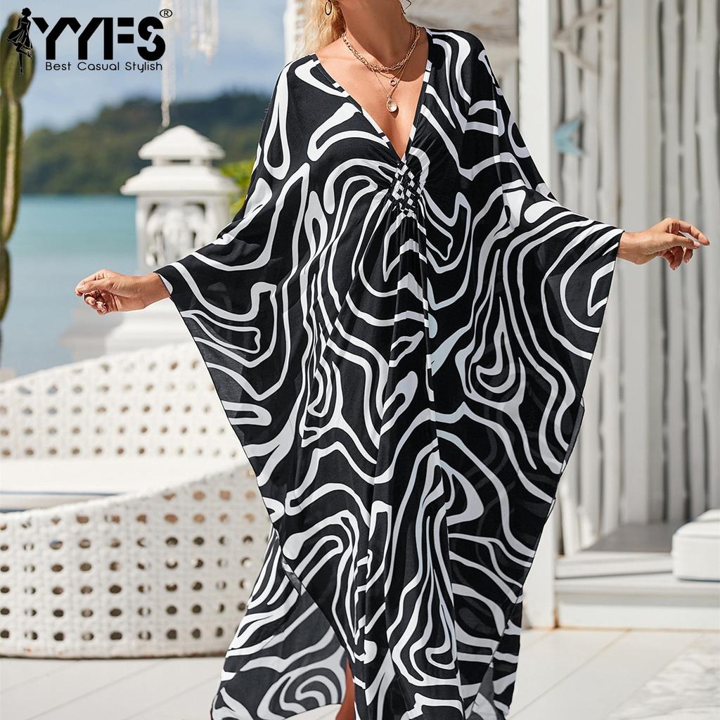 YYFS Women's Fashion Vacation Summer Spring Geometric Print Long Sleeve V-Neck Casual Dresses