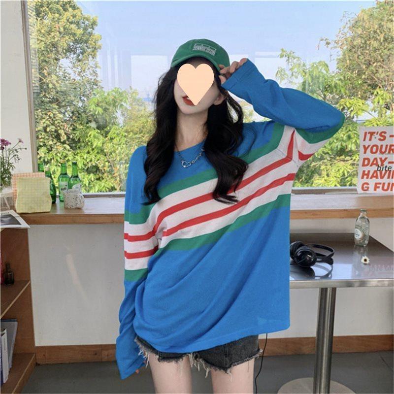 Ice Silk Striped T Shirt For Women With Loose Fit And Summer Style