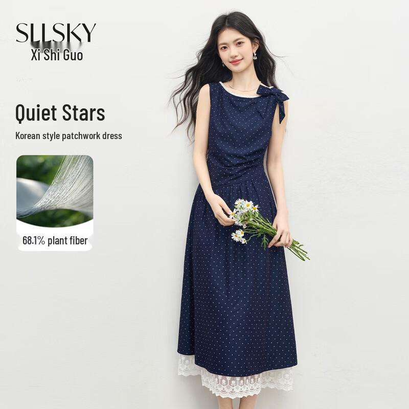 Sllsky Women s Polka Dot Lace Trim Sleeveless Dress M