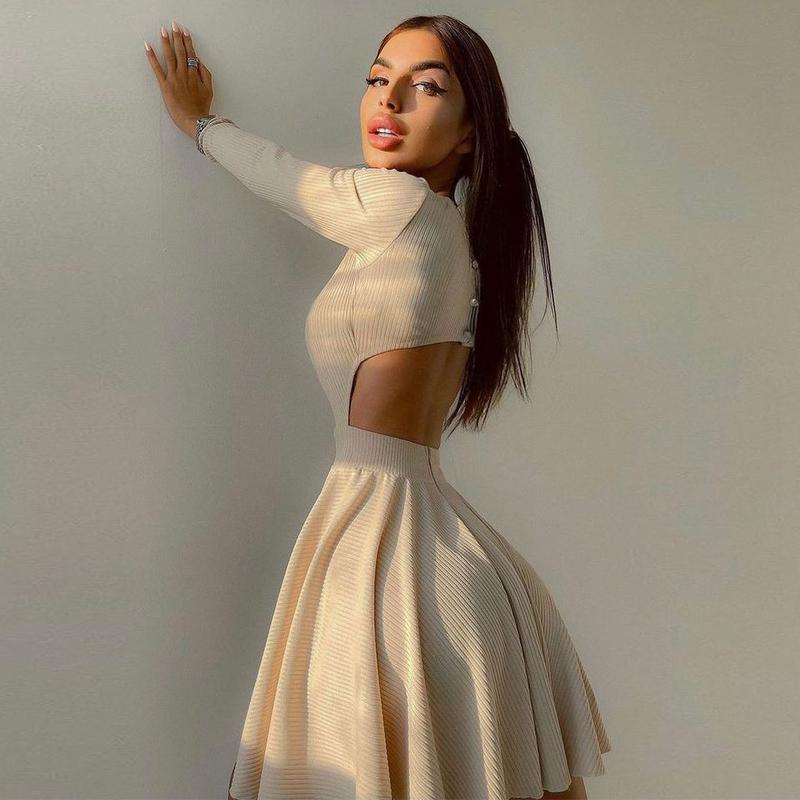 Women's Solid Long Sleeve Slim Mini Dresses Autumn New O-neck Hollow Out Pleated A-line Dress Ladies Sexy Vestidos