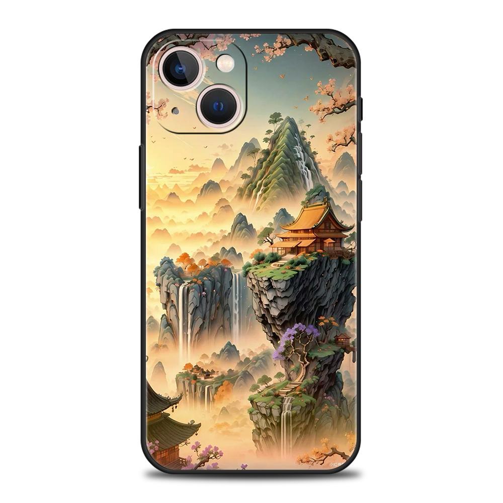 

Мягкий ТПУ чехол для телефона iPhone 16/15/14/13/12/Pro/Max/16E/11/Pro/7/8/Plus/XS/Max, ударопрочный, в китайском стиле, с рисунком пейзажа for iPhone 16