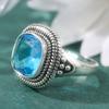 Exquisite Square Inlaid Sea Blue CZ Women's Ring Vintage CopperColor Hand Carving Daily Wear Party Jewelry Anniversary Gift