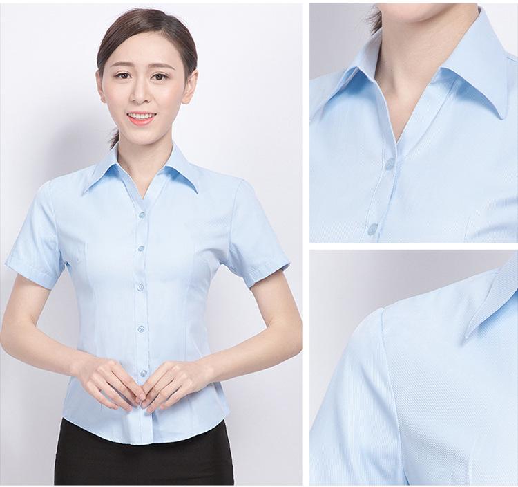 Camisa Social Feminina Slim Fit de Manga Curta - Branca com Listras Azuis, Sem Ferro, Gola V.