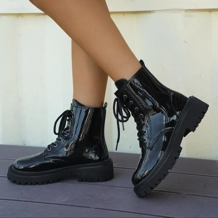 2024 Fashion Black Motorcycle Boots Women's Pu Leather Platform Ankle Boots Woman Autumn Winter Plus Size Lace Up Shoes bota