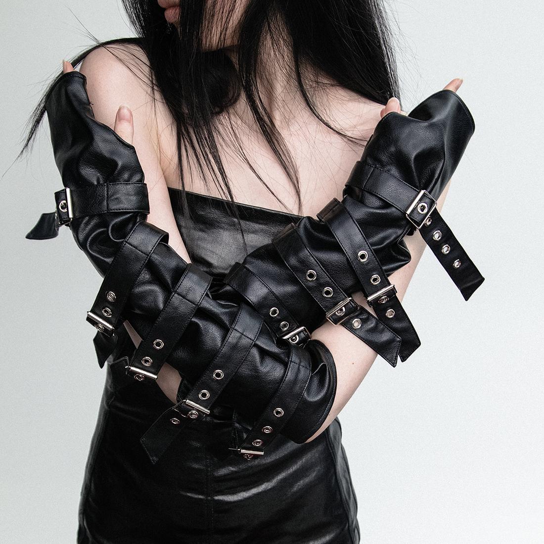 

Готические панк длинные перчатки из искусственной кожи женские в стиле тех-одежды, регулируемые кожаные ремешки, перчатки без пальцев, хип-хоп, косплей, нарукавники One Size