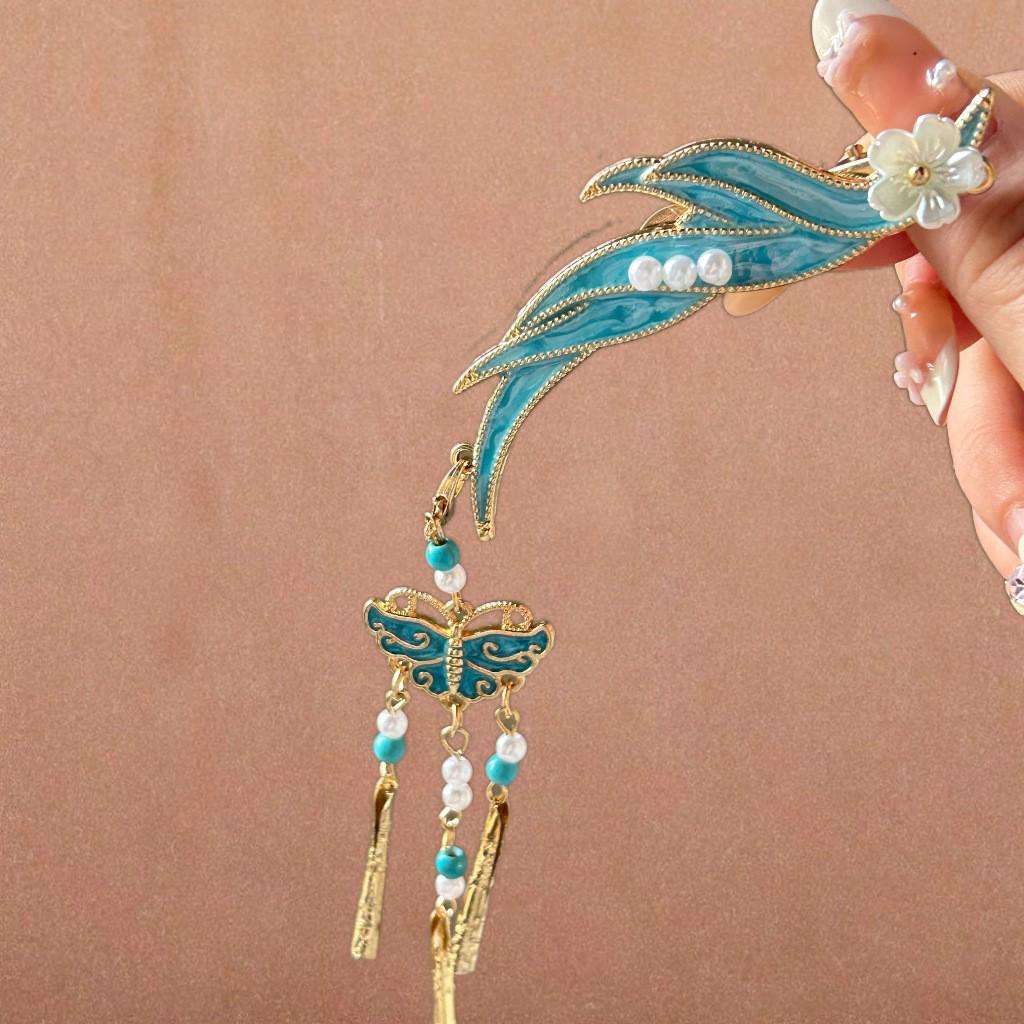 Elegant Blue Cloud Pearl Hairpin with Tassel