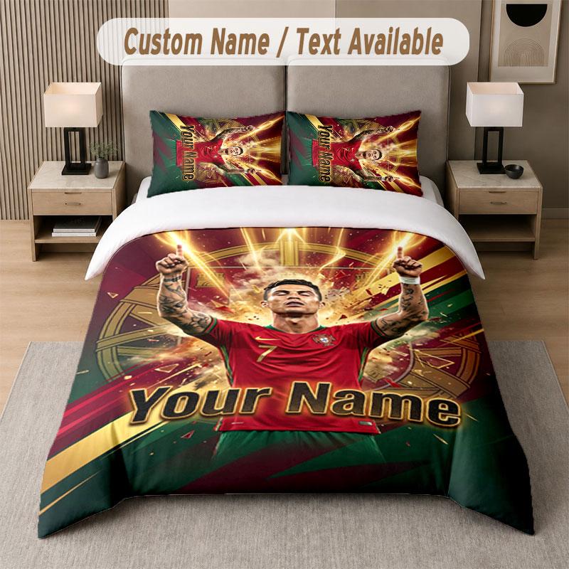 Set Biancheria da Letto Personalizzato Modello Cristiano Ronaldo, Stampa Nome Testo 1 Copripiumino più 2 Federe Tessile per la Casa