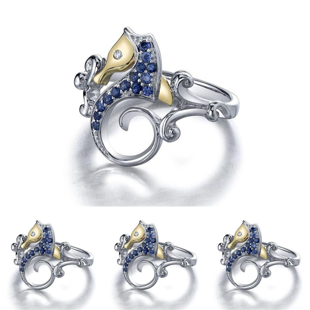 Eleganter Damenring mit versilbertem Saphir-Seepferdchen, perfekt für Hochzeiten und Partys