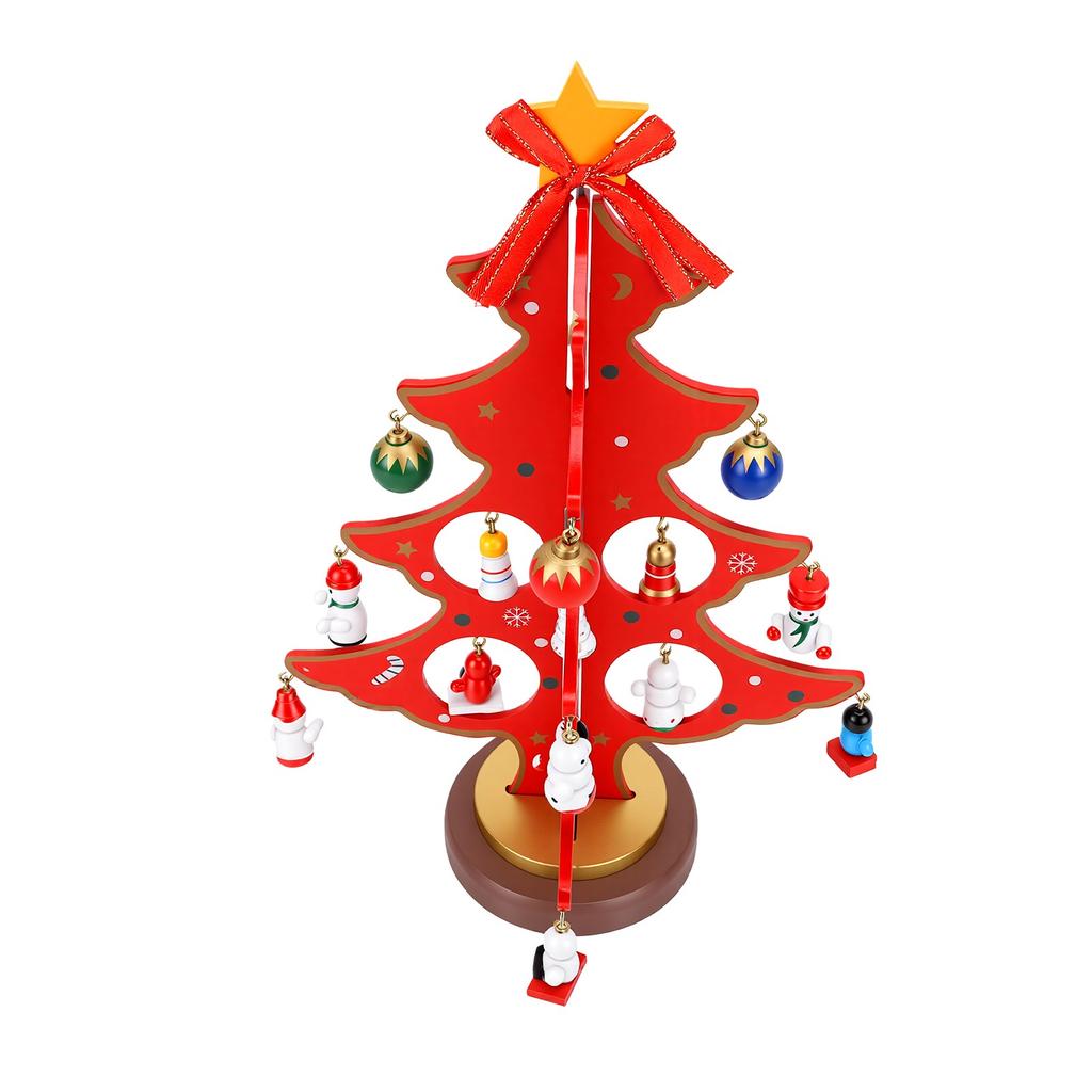 Wooden Xmas Tree DIY Kit Desktop Holiday Decor with Hanging Ornaments for Home Store Window Small Xmas Tree Red