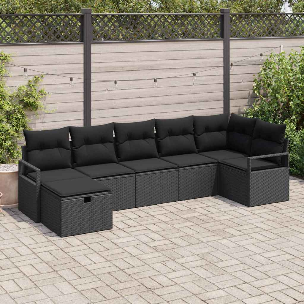 7 Piece Sofa Set with Cushions and Storage Black Poly Rattan