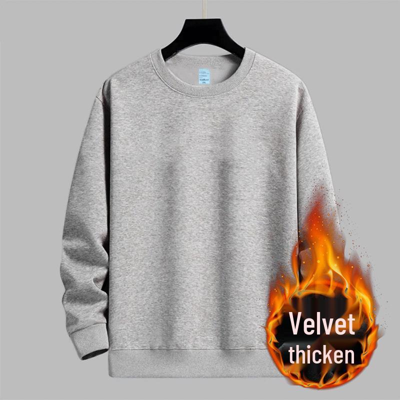 Men's Winter Fleece-Lined Sweatshirt: Solid Color, Round Neck, Long-Sleeve, Available in White & Black. Perfect for Spring and Autumn.