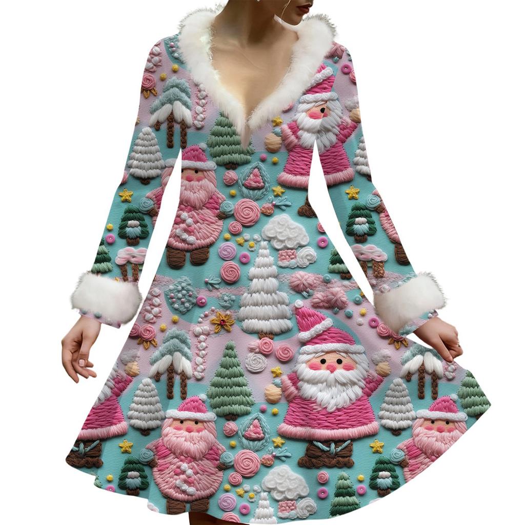 Women's Casual V-neck Christmas Print Plush Long-Sleeve Casual Dress