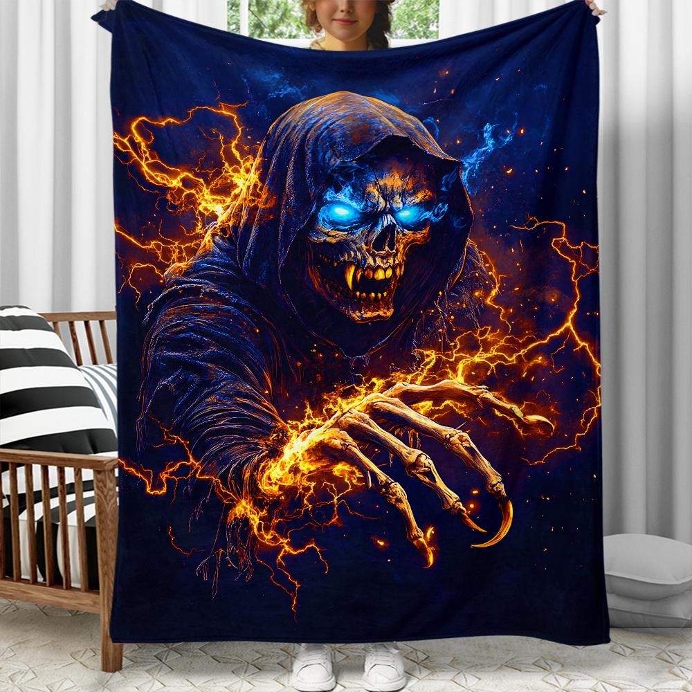 1pc Grim Reaper skull lightning dark blue background horror art flannel blanket spooky Halloween throw blanket for adults 75x90cm
