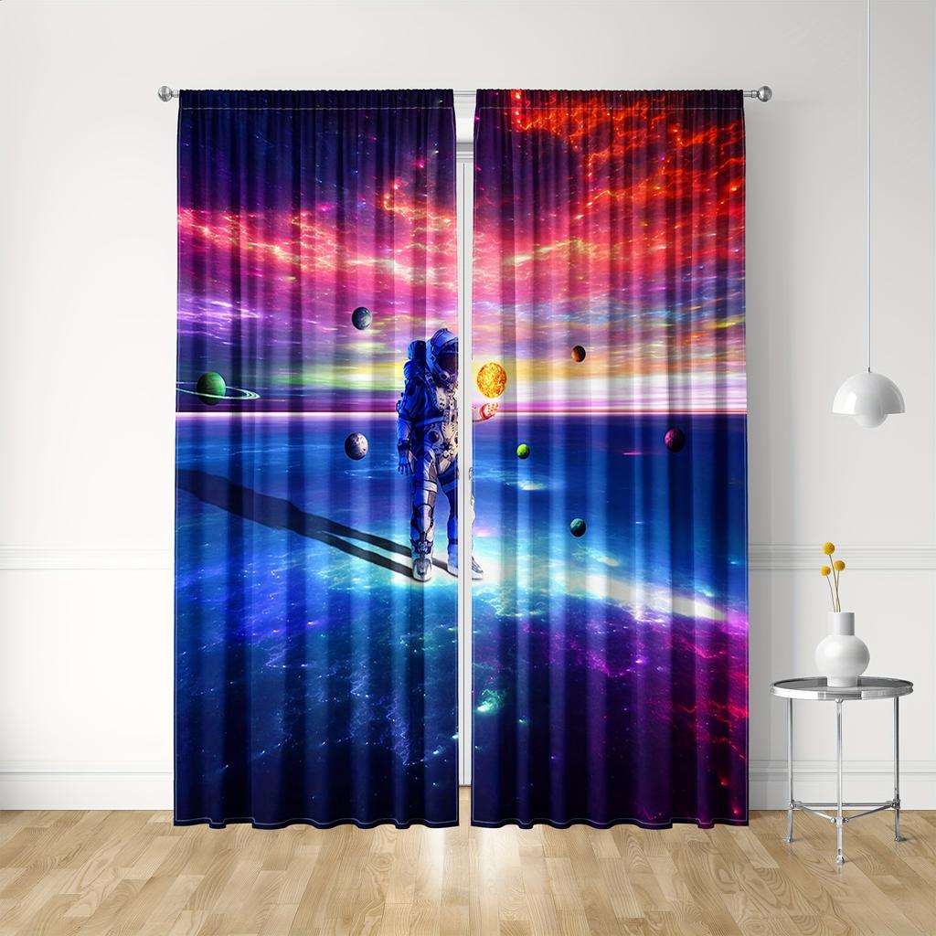 2pcs Astronaut Universe Starry Sky Space Patterns Washable Rod Pocket Curtain For Bedroom Office Kitchen Living Room Study Home