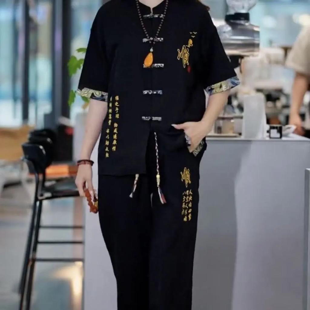 Men's Spring and Summer T-shirt + Trousers Two-piece Ethnic Hanfu Suit 4XL